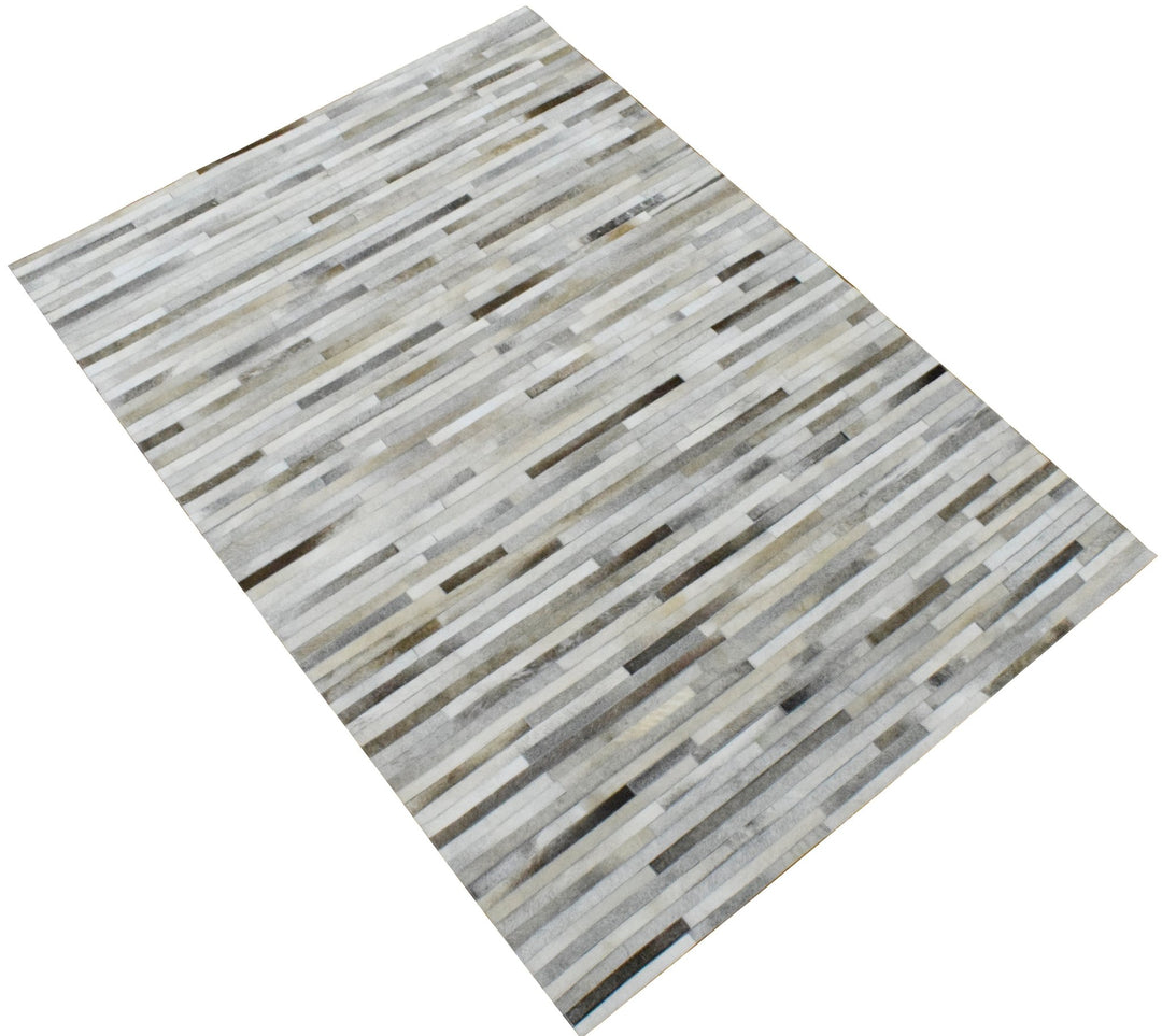 Ready to Ship Modern Stripe Beige And Silver Handmade 5x8 Leather Rug - The Rug Decor