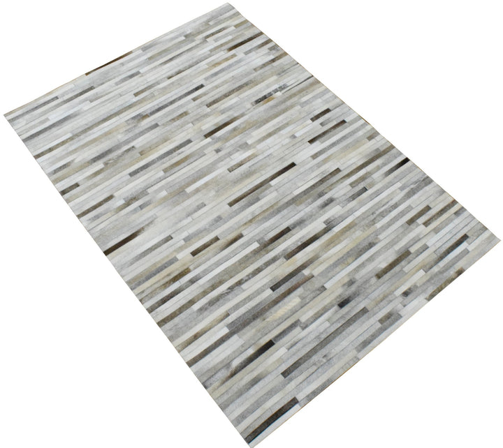 Ready to Ship Modern Stripe Beige And Silver Handmade 5x8 Leather Rug - The Rug Decor