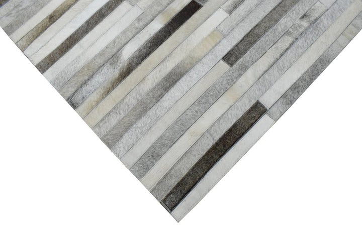 Ready to Ship Modern Stripe Beige And Silver Handmade 5x8 Leather Rug - The Rug Decor