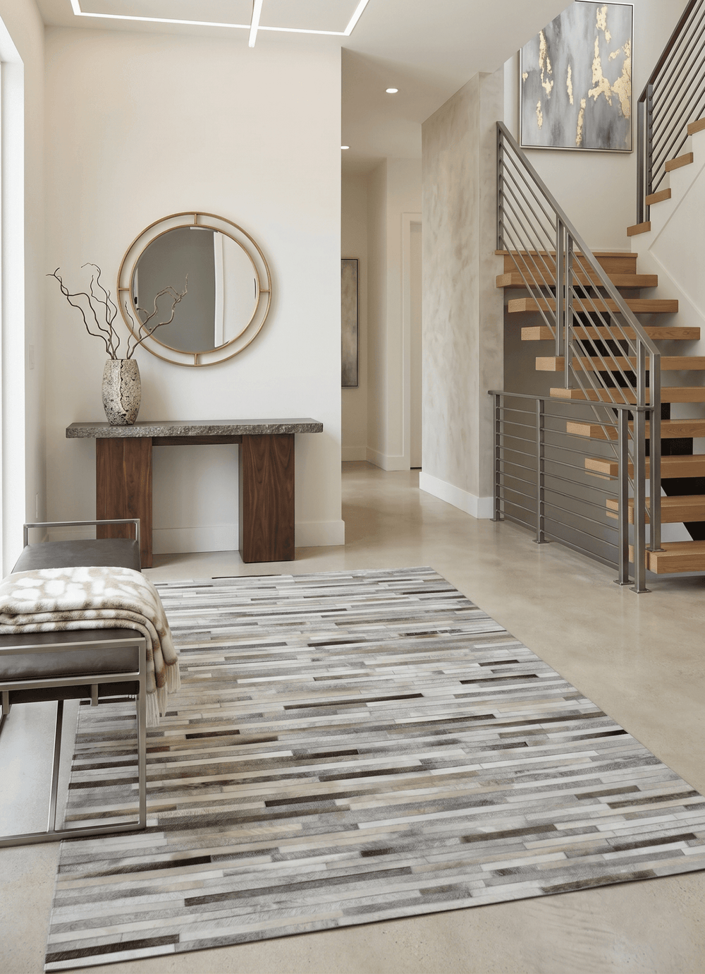 Ready to Ship Modern Stripe Beige And Silver Handmade 5x8 Leather Rug - The Rug Decor