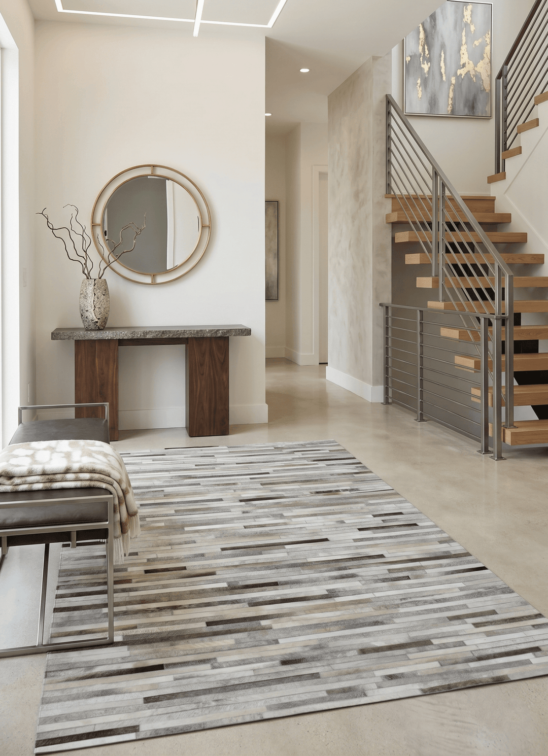 Ready to Ship Modern Stripe Beige And Silver Handmade 5x8 Leather Rug - The Rug Decor