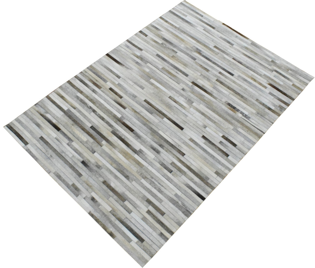 Ready to Ship Modern Stripe Beige And Silver Handmade 5x8 Leather Rug - The Rug Decor