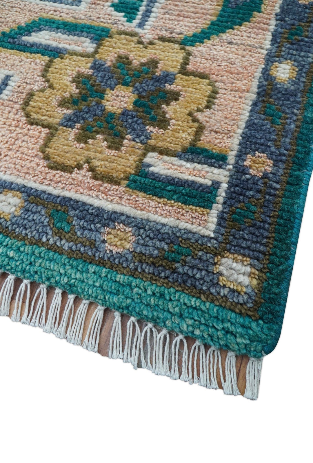 Ready to Ship Peach And Teal Traditional Hand Knotted 8x10 Wool Rug - The Rug Decor