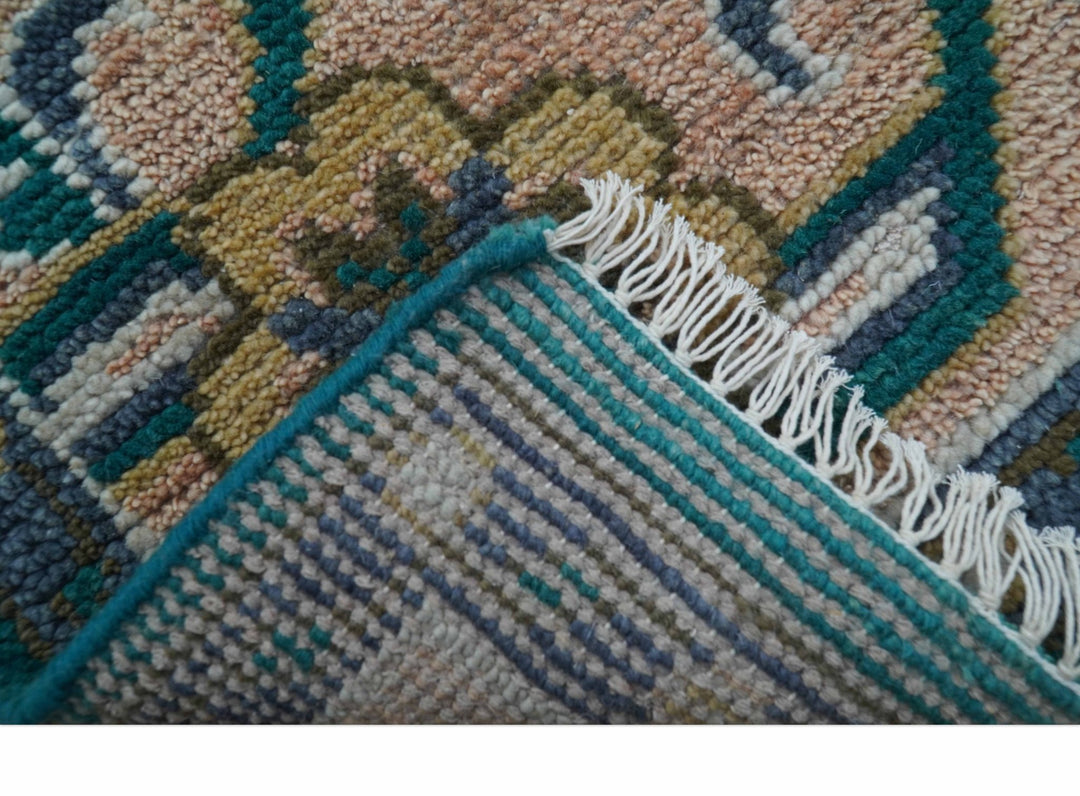 Ready to Ship Peach And Teal Traditional Hand Knotted 8x10 Wool Rug - The Rug Decor