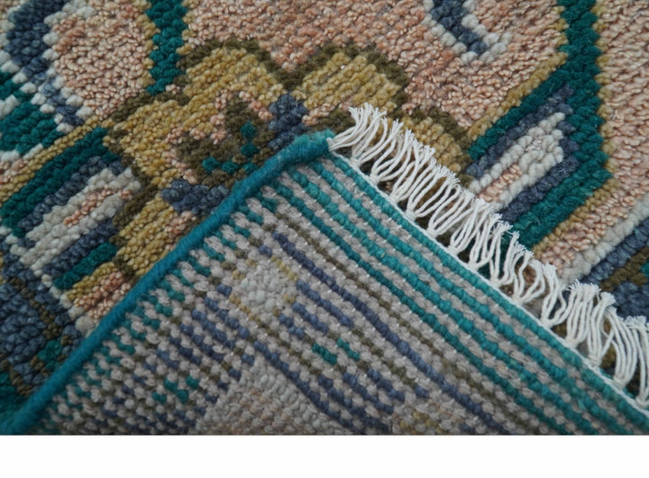 Ready to Ship Peach And Teal Traditional Hand Knotted 8x10 Wool Rug - The Rug Decor