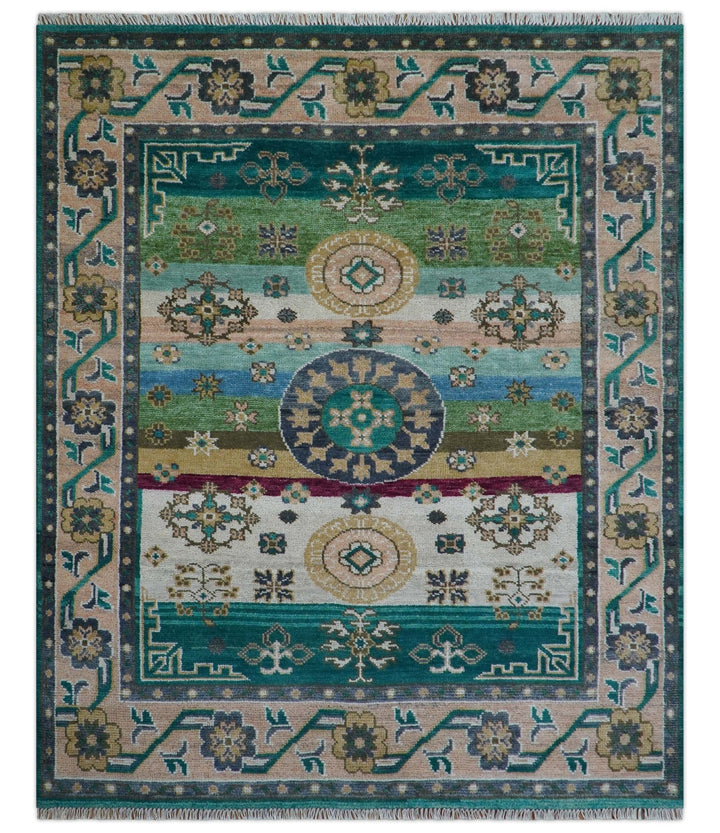 Ready to Ship Peach And Teal Traditional Hand Knotted 8x10 Wool Rug - The Rug Decor