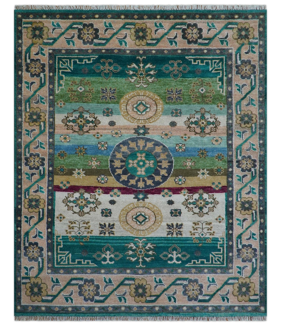 Ready to Ship Peach And Teal Traditional Hand Knotted 8x10 Wool Rug - The Rug Decor