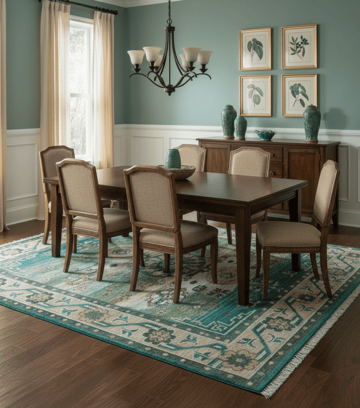 Ready to Ship Peach And Teal Traditional Hand Knotted 8x10 Wool Rug - The Rug Decor