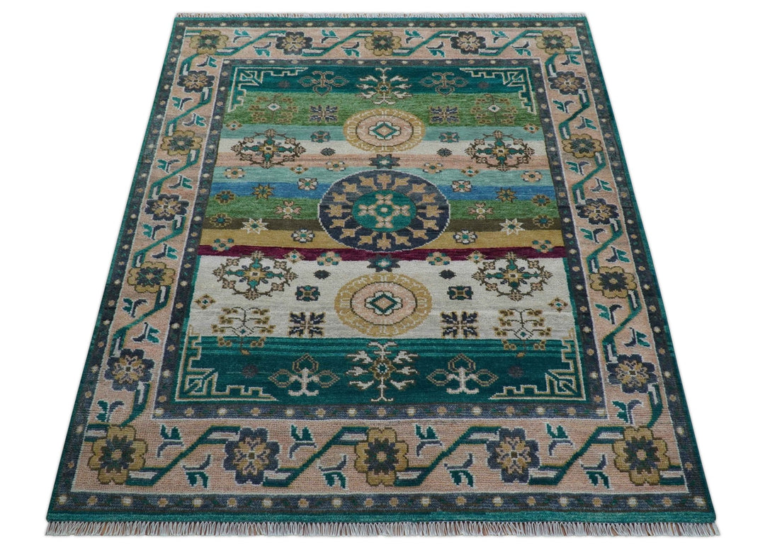 Ready to Ship Peach And Teal Traditional Hand Knotted 8x10 Wool Rug - The Rug Decor
