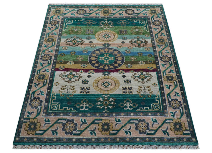 Ready to Ship Peach And Teal Traditional Hand Knotted 8x10 Wool Rug - The Rug Decor