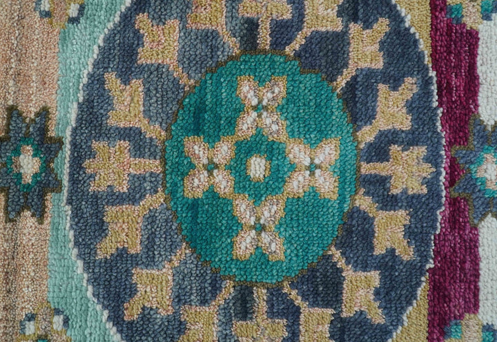 Ready to Ship Peach And Teal Traditional Hand Knotted 8x10 Wool Rug - The Rug Decor