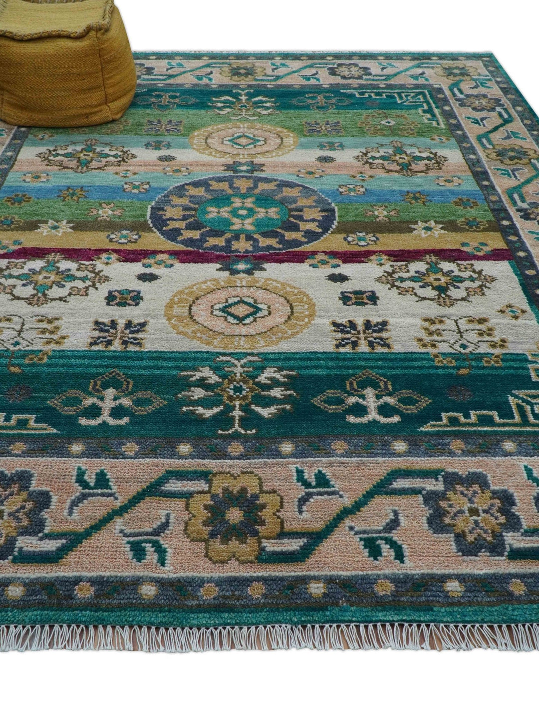 Ready to Ship Peach And Teal Traditional Hand Knotted 8x10 Wool Rug - The Rug Decor