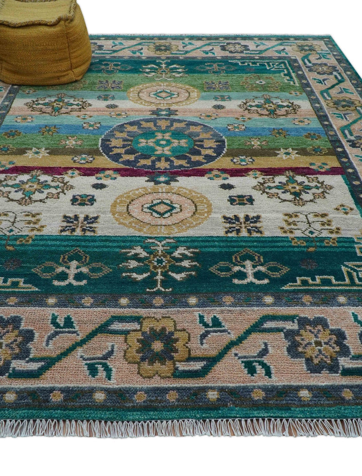 Ready to Ship Peach And Teal Traditional Hand Knotted 8x10 Wool Rug - The Rug Decor