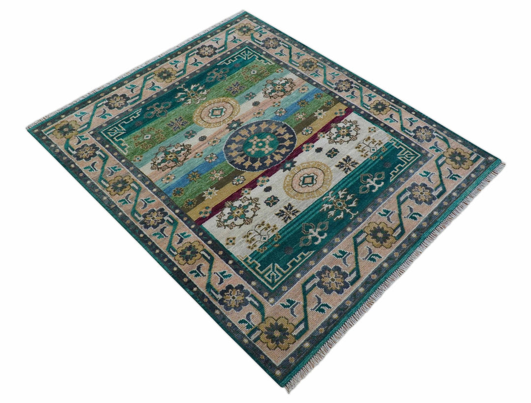 Ready to Ship Peach And Teal Traditional Hand Knotted 8x10 Wool Rug - The Rug Decor