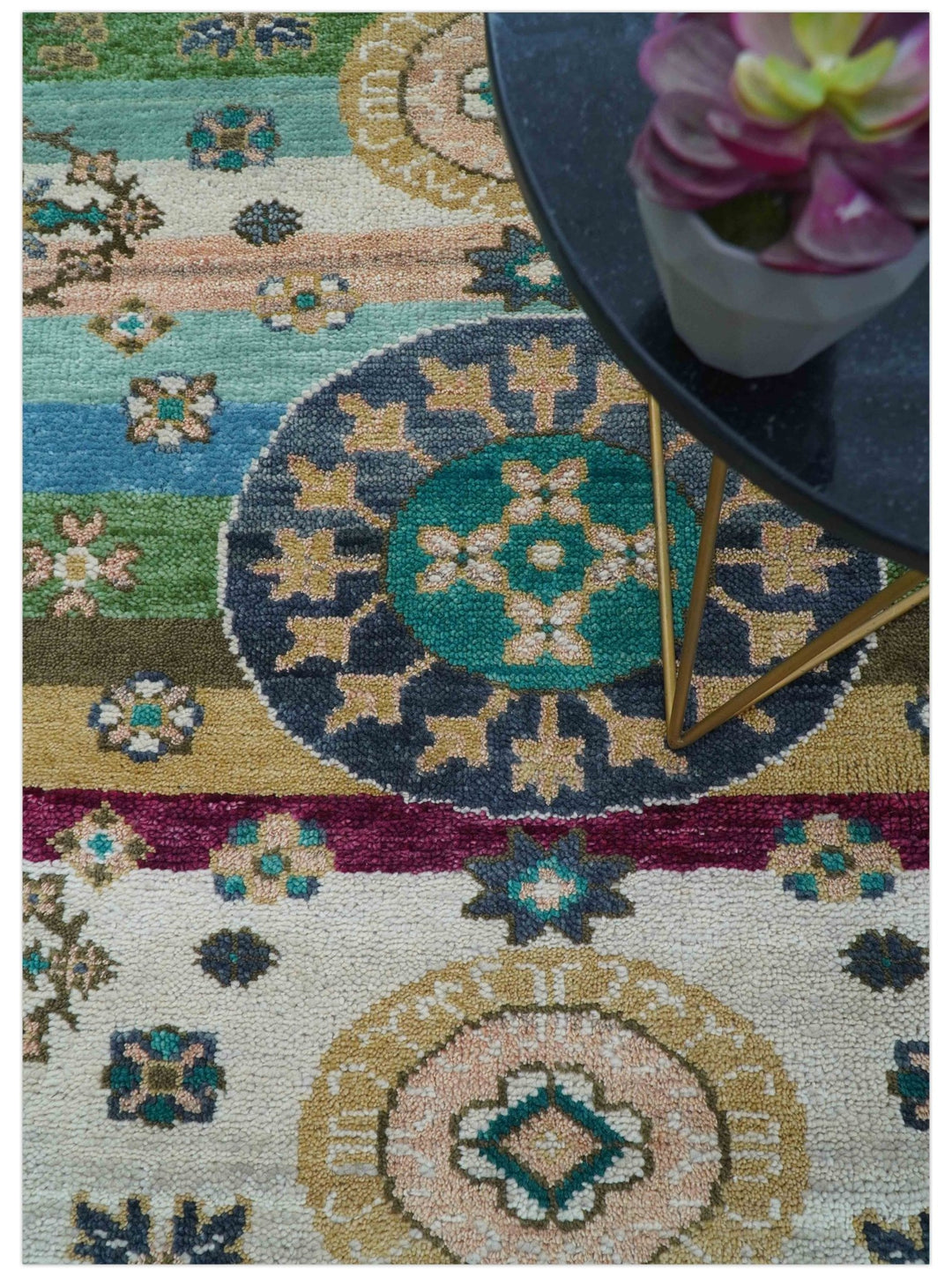 Ready to Ship Peach And Teal Traditional Hand Knotted 8x10 Wool Rug - The Rug Decor