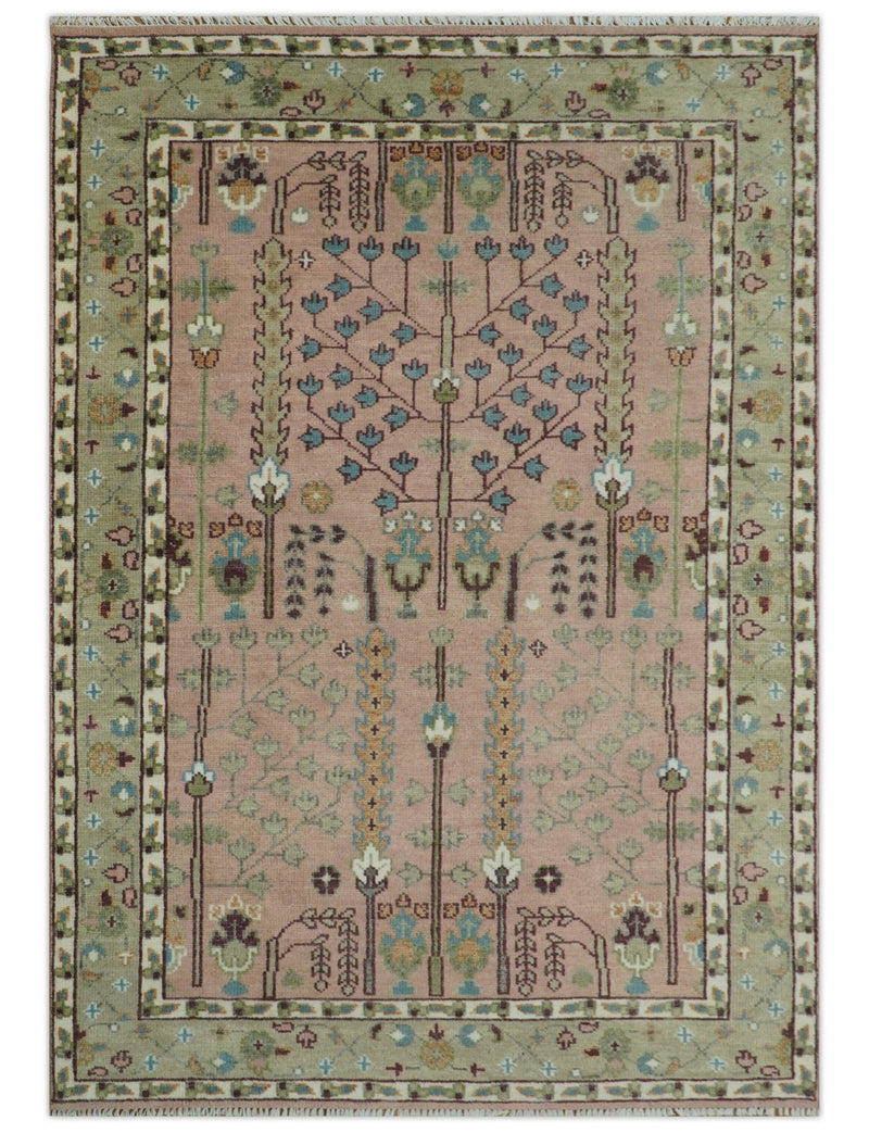 Ready to Ship Pink, Olive and Beige Traditional Vintage Style Tree Wool Rug - The Rug Decor