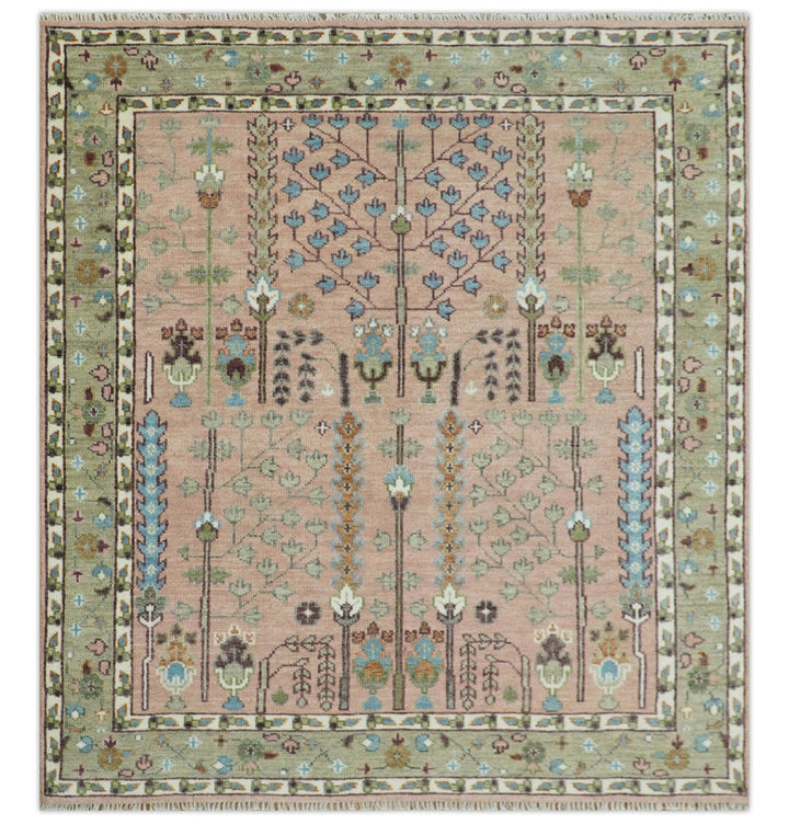 Ready to Ship Pink, Olive and Beige Traditional Vintage Style Tree Wool Rug - The Rug Decor