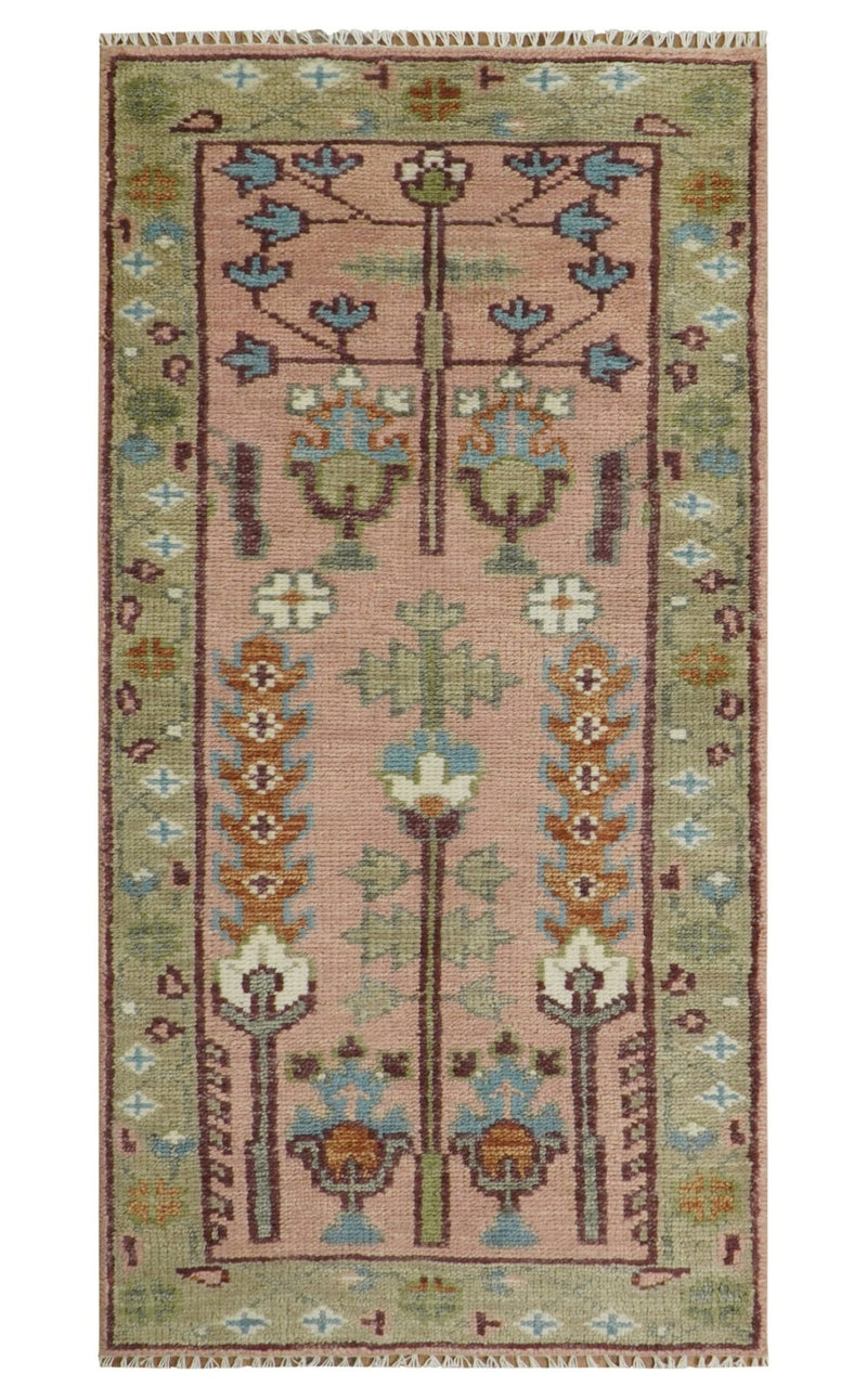 Ready to Ship Pink, Olive and Beige Traditional Vintage Style Tree Wool Rug - The Rug Decor