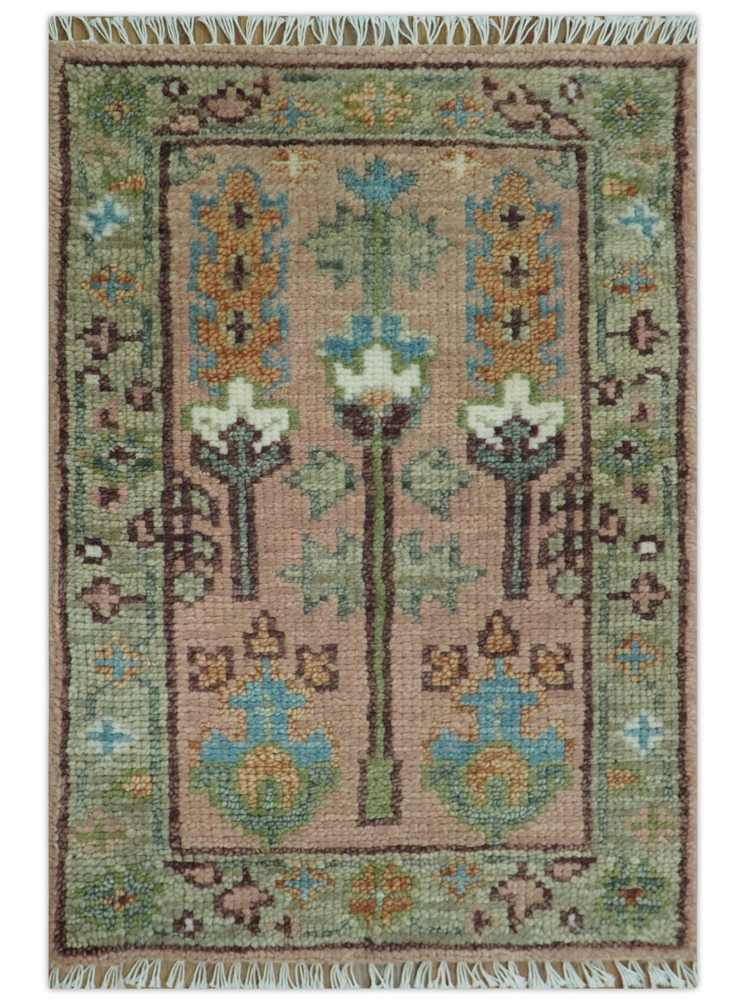 Ready to Ship Pink, Olive and Beige Traditional Vintage Style Tree Wool Rug - The Rug Decor