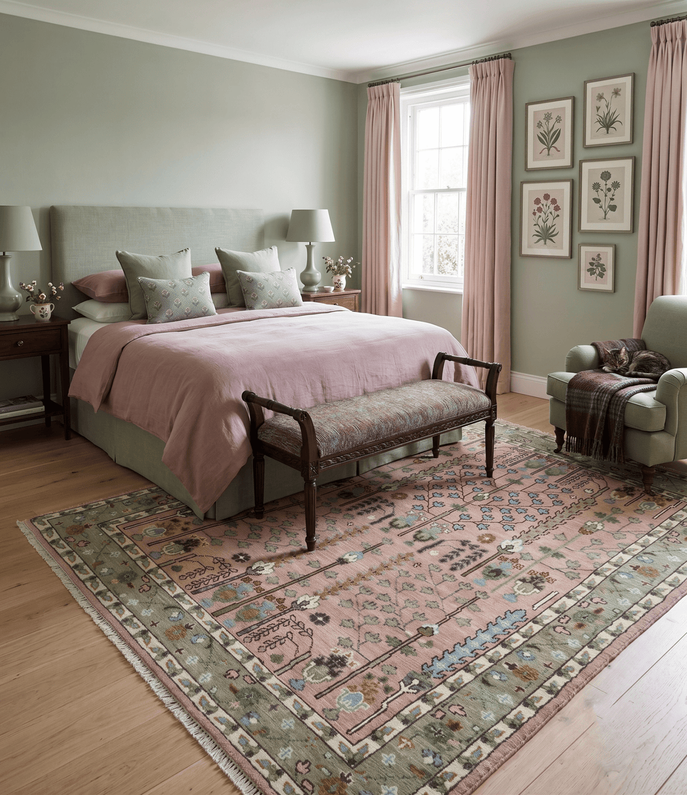Ready to Ship Pink, Olive and Beige Tree of life Vintage Traditional Wool Rug - The Rug Decor