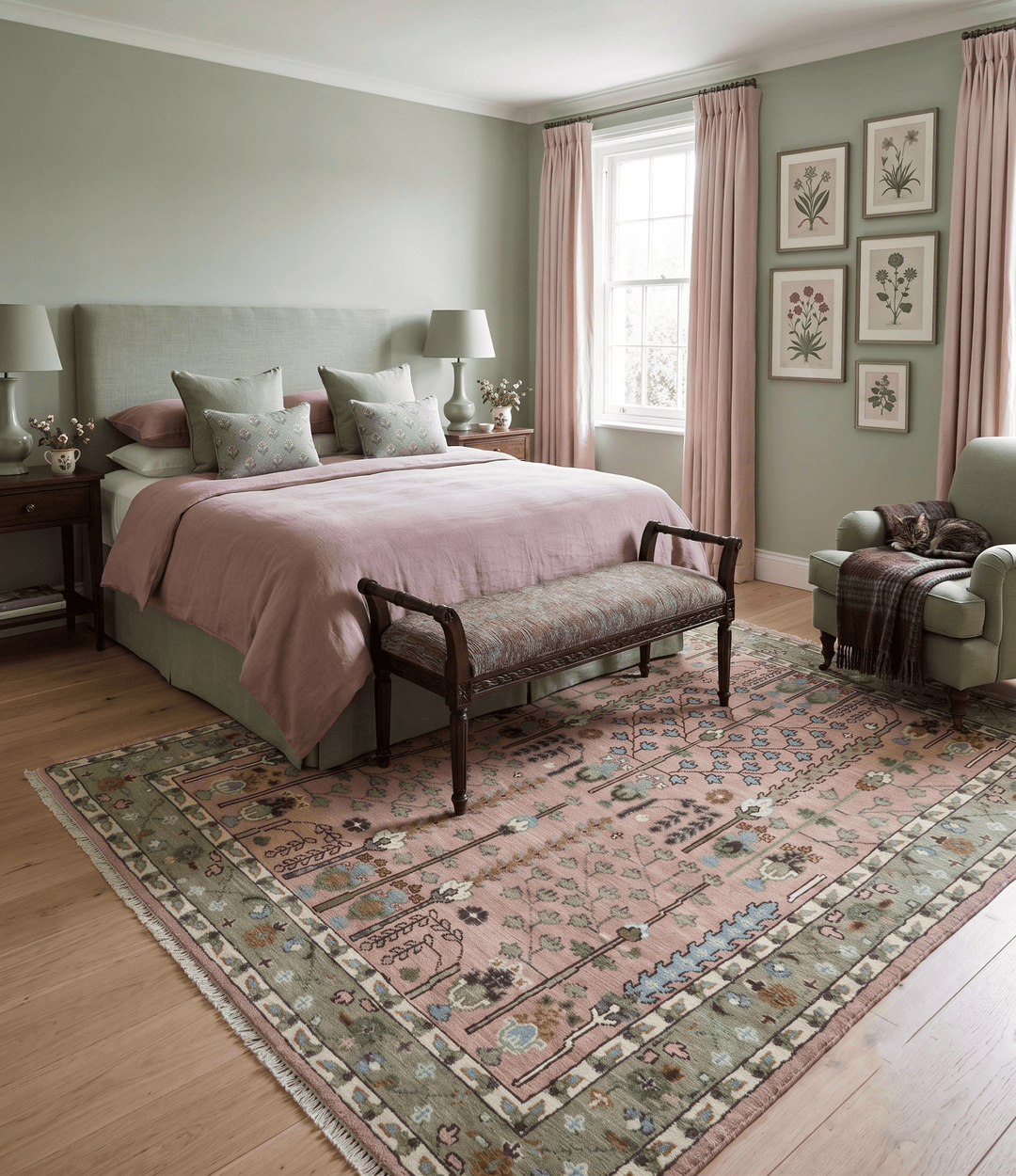 Ready to Ship Pink, Olive and Beige Tree of life Vintage Traditional Wool Rug - The Rug Decor