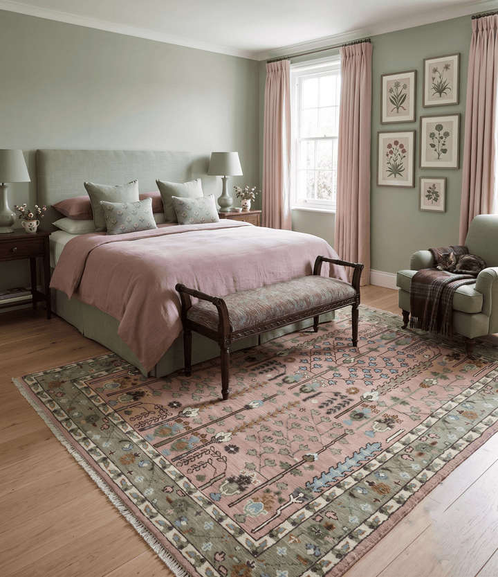 Ready to Ship Pink, Olive and Beige Tree of life Vintage Traditional Wool Rug - The Rug Decor