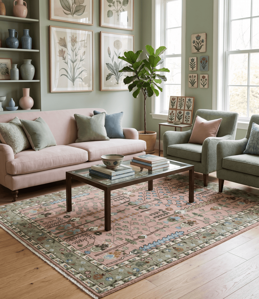 Ready to Ship Pink, Olive and Beige Tree of life Vintage Traditional Wool Rug - The Rug Decor