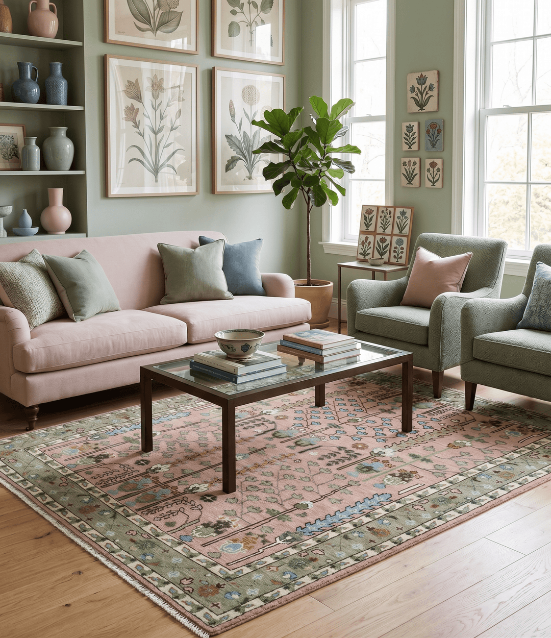 Ready to Ship Pink, Olive and Beige Tree of life Vintage Traditional Wool Rug - The Rug Decor