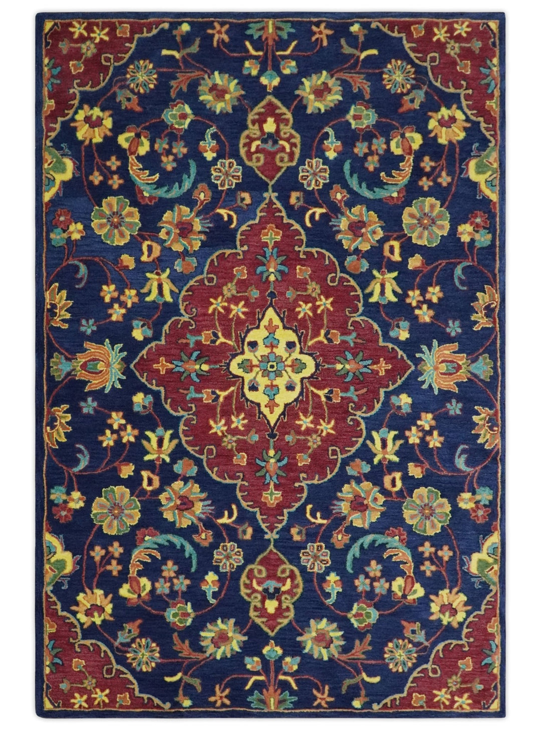 Ready to Ship Red And Blue Traditional Design Hand Tufted 6x9 Wool Rug - The Rug Decor