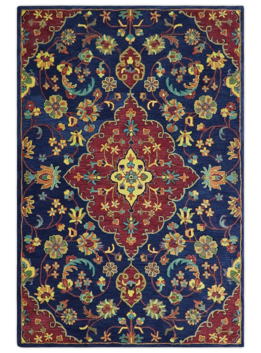 Ready to Ship Red And Blue Traditional Design Hand Tufted 6x9 Wool Rug - The Rug Decor