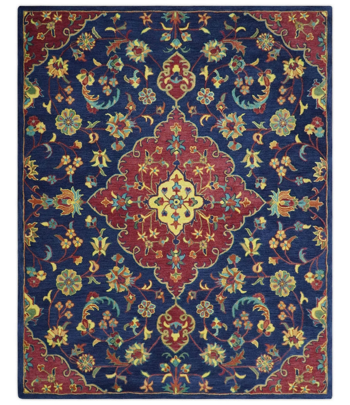 Ready to Ship Red And Blue Traditional Design Hand Tufted 8x10 Wool Rug - The Rug Decor