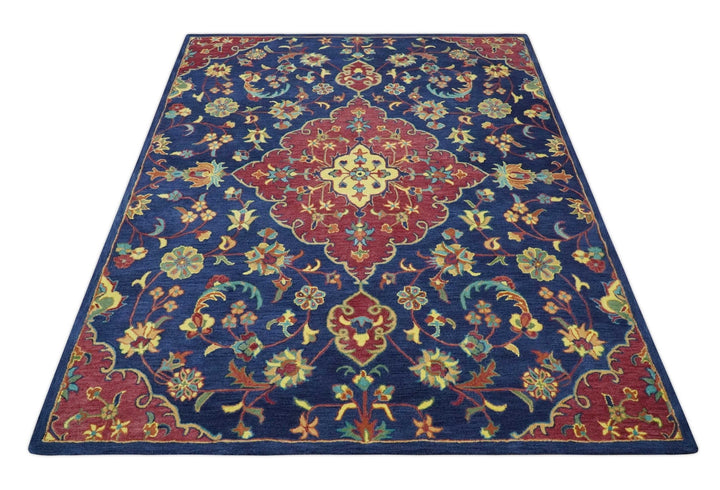 Ready to Ship Red And Blue Traditional Design Hand Tufted 8x10 Wool Rug - The Rug Decor