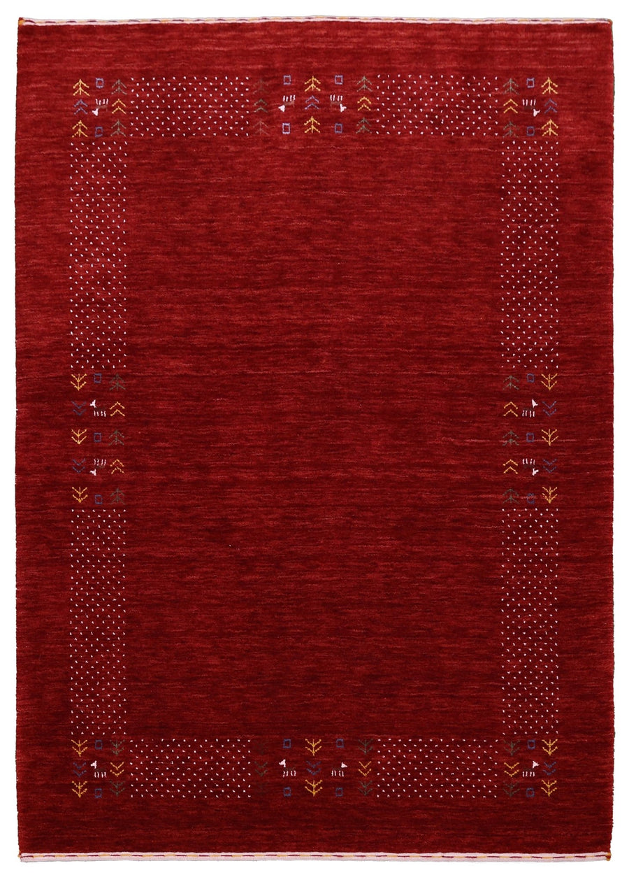 Ready to Ship Red Contemporary Border Motifs Hand Loomed Wool Area Rug - The Rug Decor