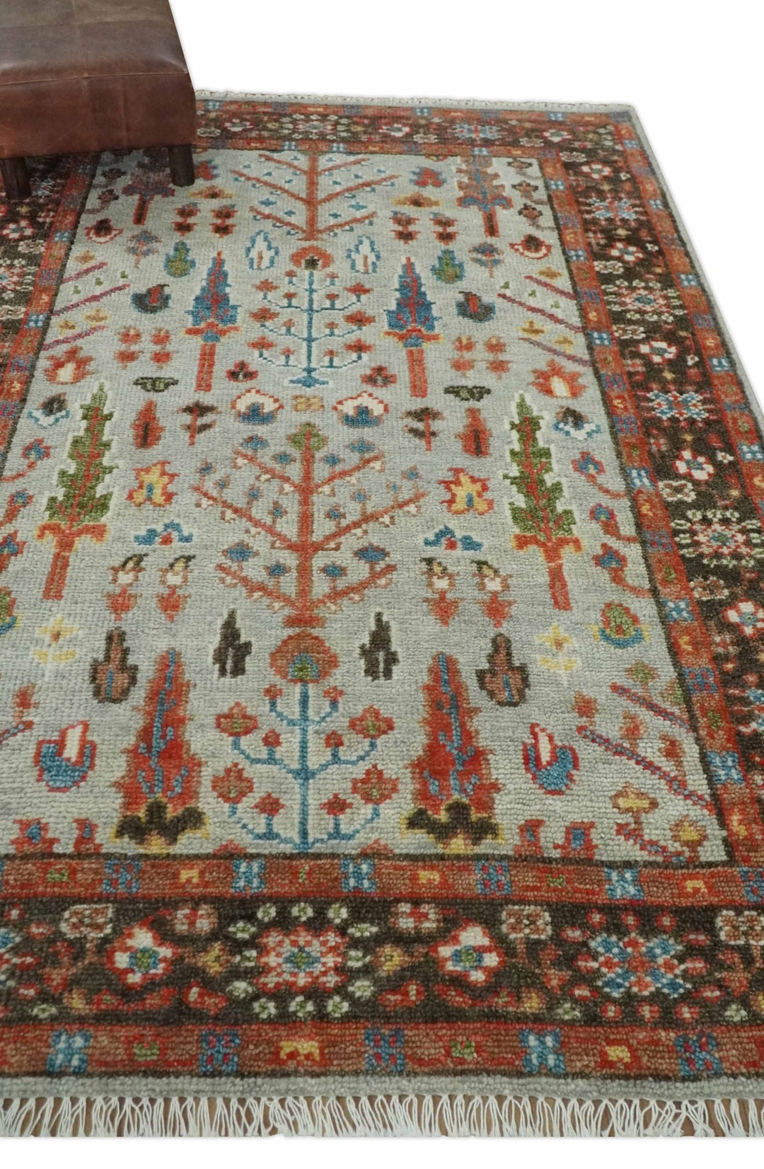 Ready to Ship Silver And Brown Tree of Life Hand Knotted 5x8 Wool Rug - The Rug Decor