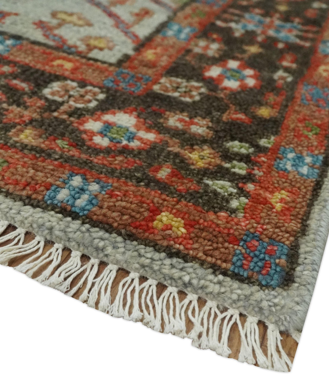 Ready to Ship Silver And Brown Tree of Life Hand Knotted 5x8 Wool Rug - The Rug Decor