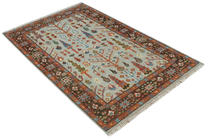 Ready to Ship Silver And Brown Tree of Life Hand Knotted 5x8 Wool Rug - The Rug Decor