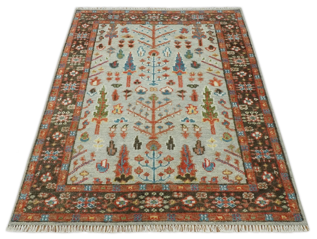 Ready to Ship Silver And Brown Tree of Life Hand Knotted 5x8 Wool Rug - The Rug Decor