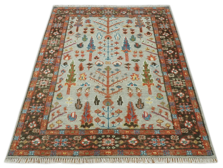Ready to Ship Silver And Brown Tree of Life Hand Knotted 5x8 Wool Rug - The Rug Decor