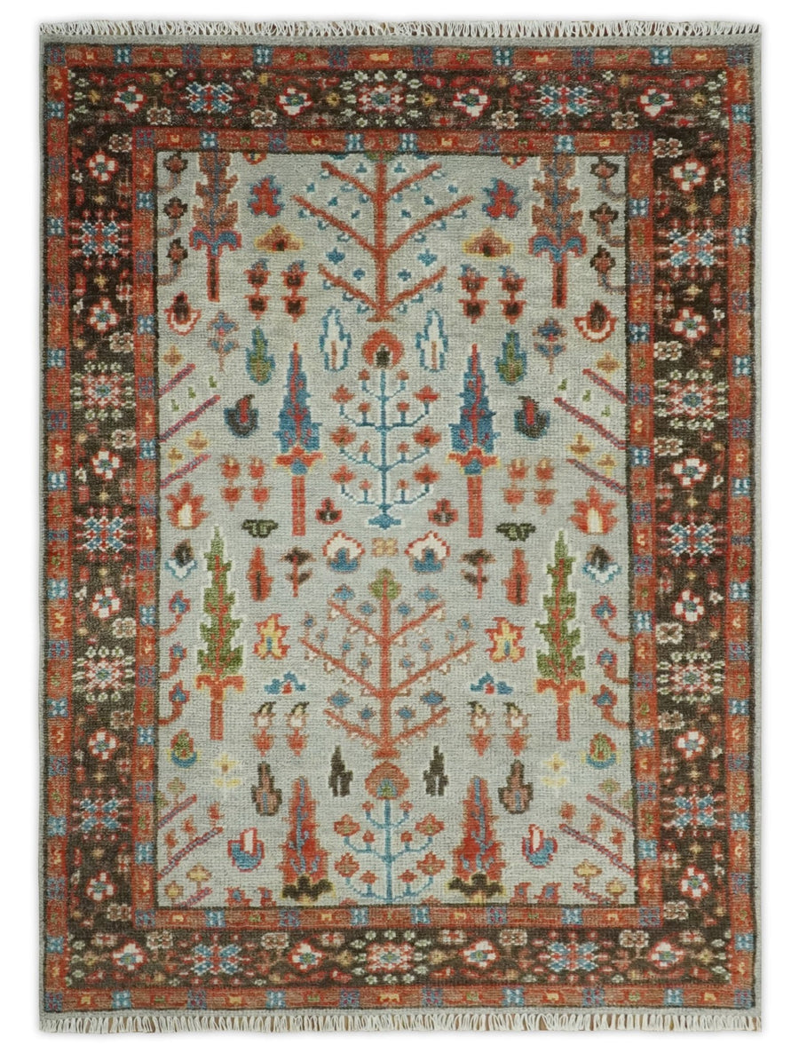 Ready to Ship Silver And Brown Tree of Life Hand Knotted 5x8 Wool Rug - The Rug Decor