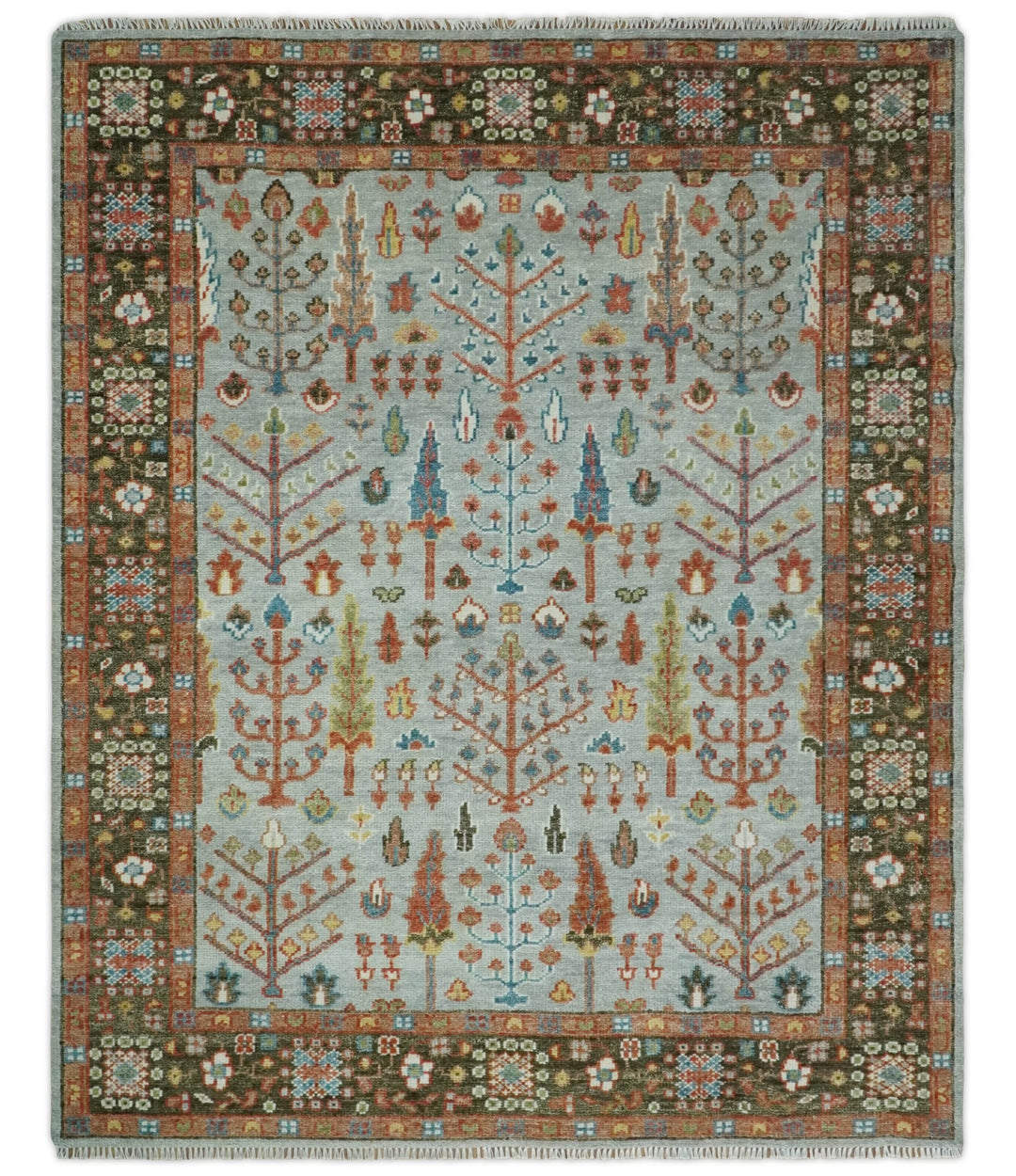 Ready to Ship Silver And Brown Tree of Life Hand Knotted 6x9 Wool Rug - The Rug Decor