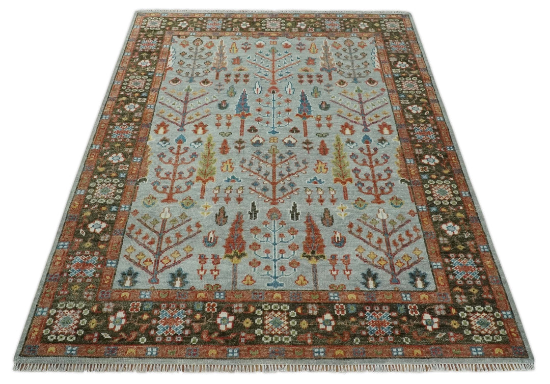 Ready to Ship Silver And Brown Tree of Life Hand Knotted 6x9 Wool Rug - The Rug Decor