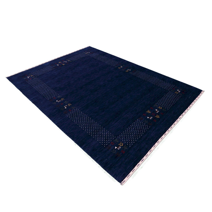 Ready to Ship Solid Blue Border Patterns Hand Loomed Wool Area Rug - The Rug Decor
