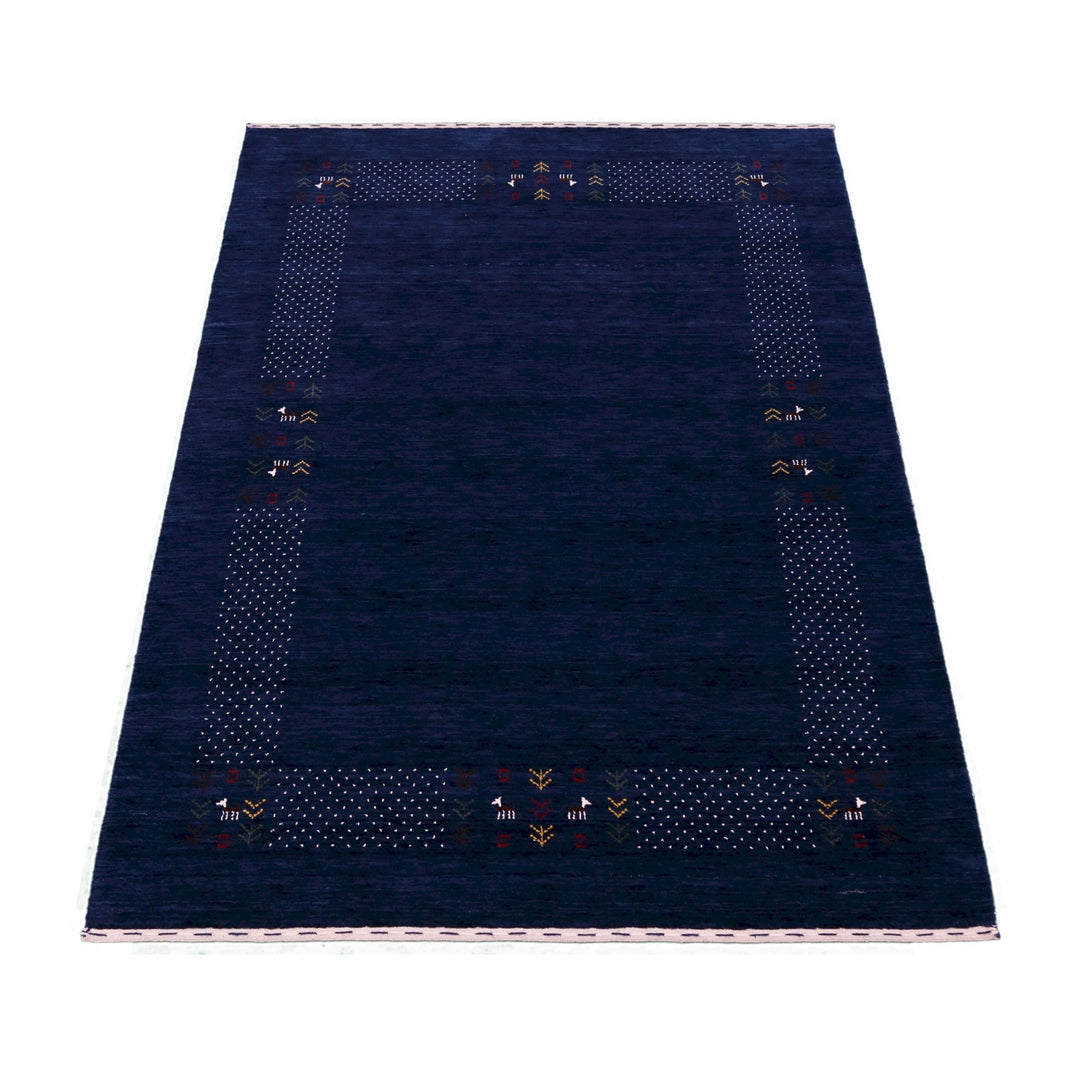 Ready to Ship Solid Blue Border Patterns Hand Loomed Wool Area Rug - The Rug Decor