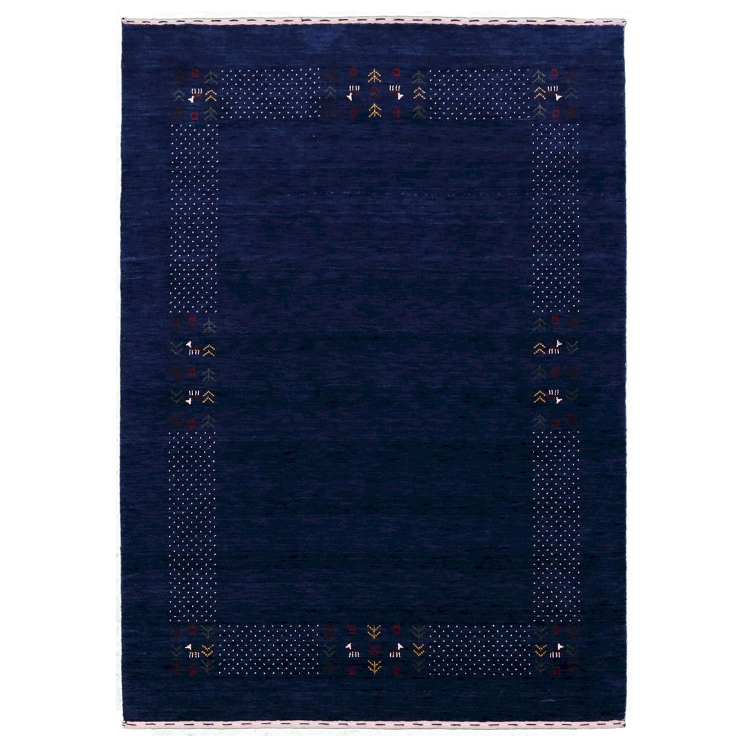 Ready to Ship Solid Blue Border Patterns Hand Loomed Wool Area Rug - The Rug Decor
