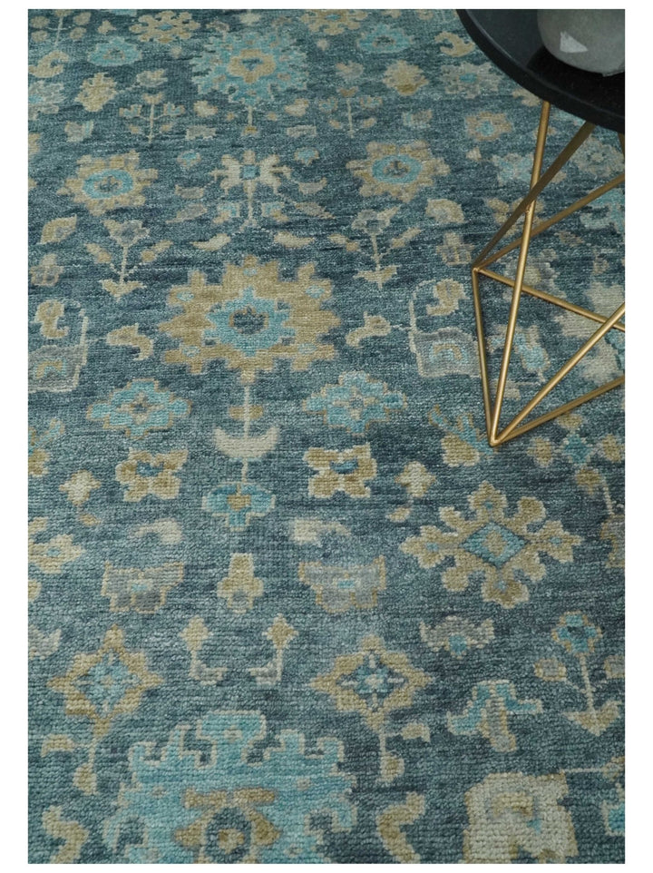 Ready to Ship Teal And Beige Hand Knotted 6X9 Oushak Wool Rug - The Rug Decor