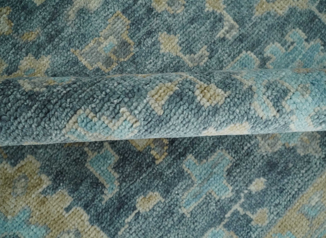Ready to Ship Teal And Beige Hand Knotted 9X12 Oushak Wool Rug - The Rug Decor