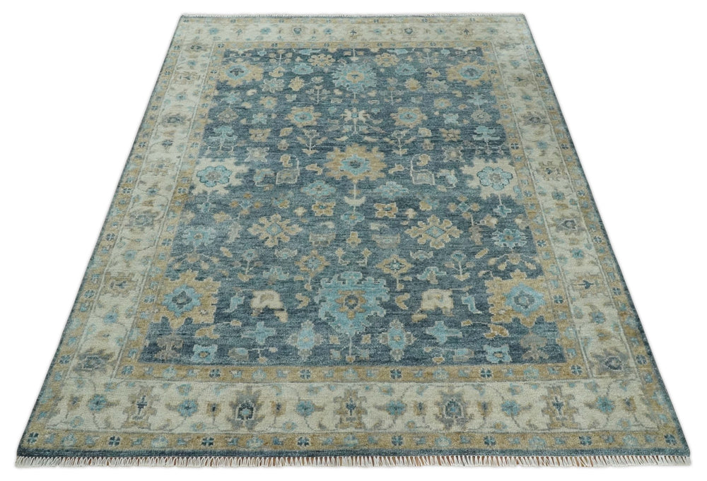 Ready to Ship Teal And Beige Hand Knotted 9X12 Oushak Wool Rug - The Rug Decor