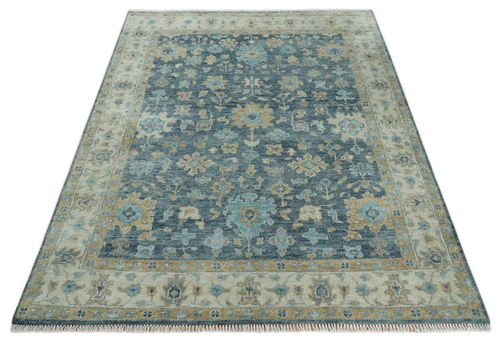 Ready to Ship Teal And Beige Hand Knotted 9X12 Oushak Wool Rug - The Rug Decor