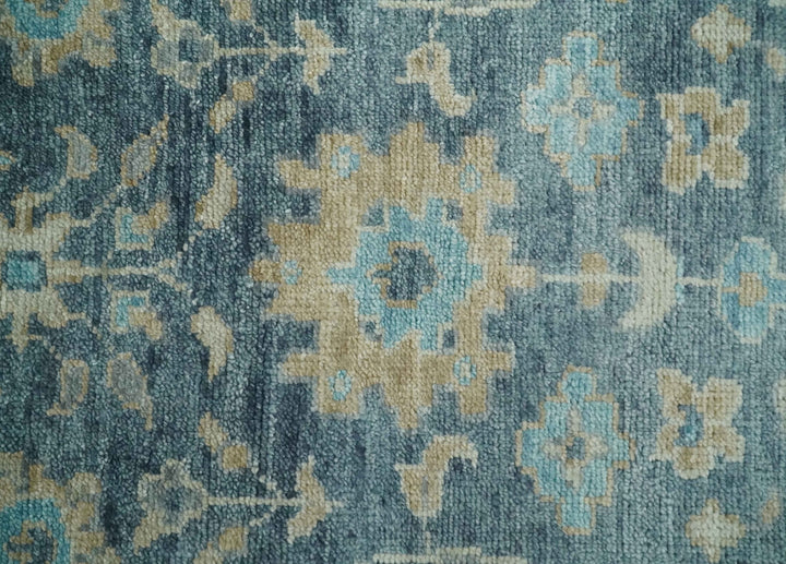 Ready to Ship Teal And Beige Hand Knotted 9X12 Oushak Wool Rug - The Rug Decor