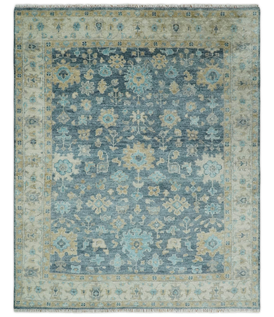 Ready to Ship Teal And Beige Hand Knotted 9X12 Oushak Wool Rug - The Rug Decor
